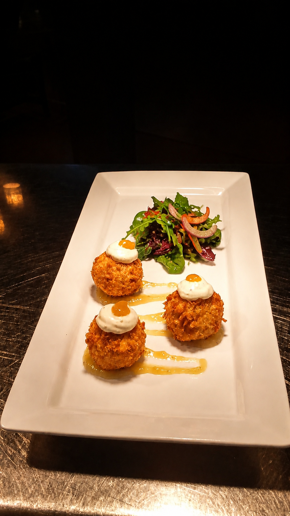 Blue cheese balls · apple saffron aioli