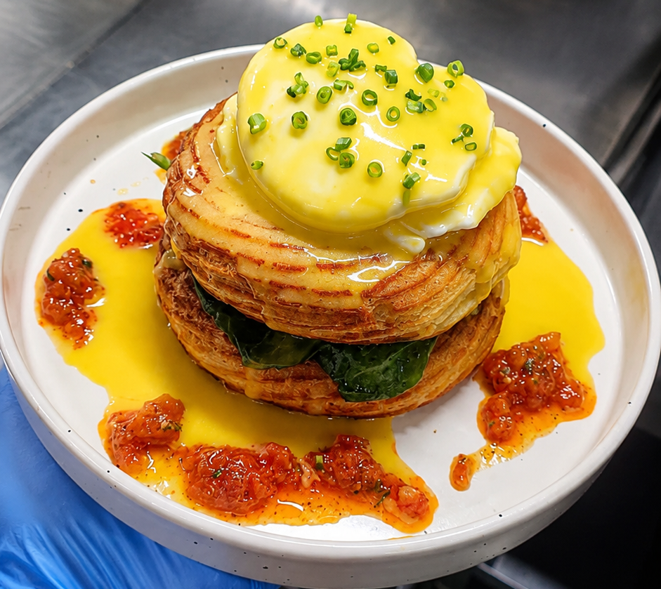 Poached eggs on Paris-Brest choux