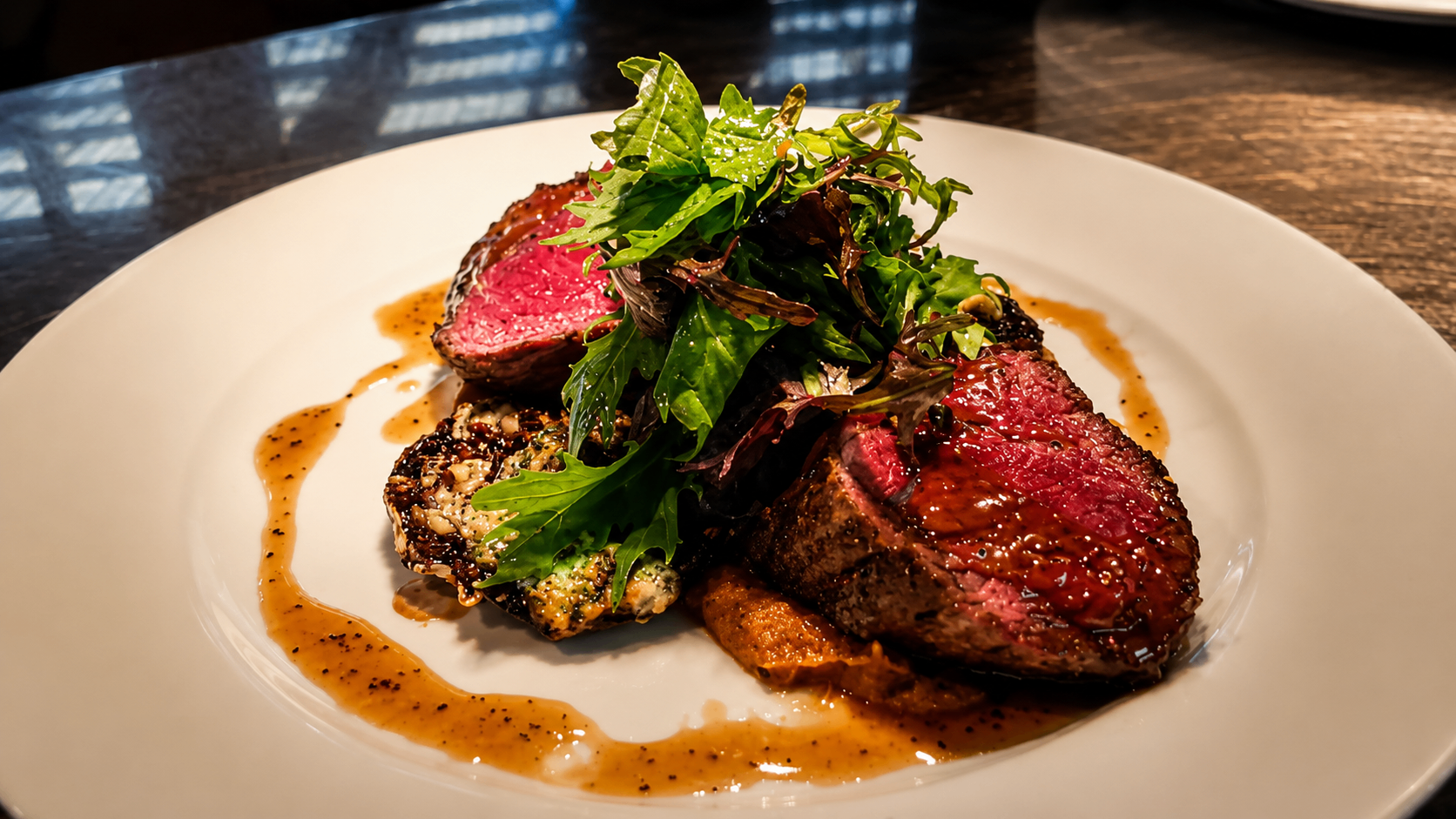 BEEF TENDERLOIN . BLUE CHEESE PORTOBELLO . PEPPER JUS