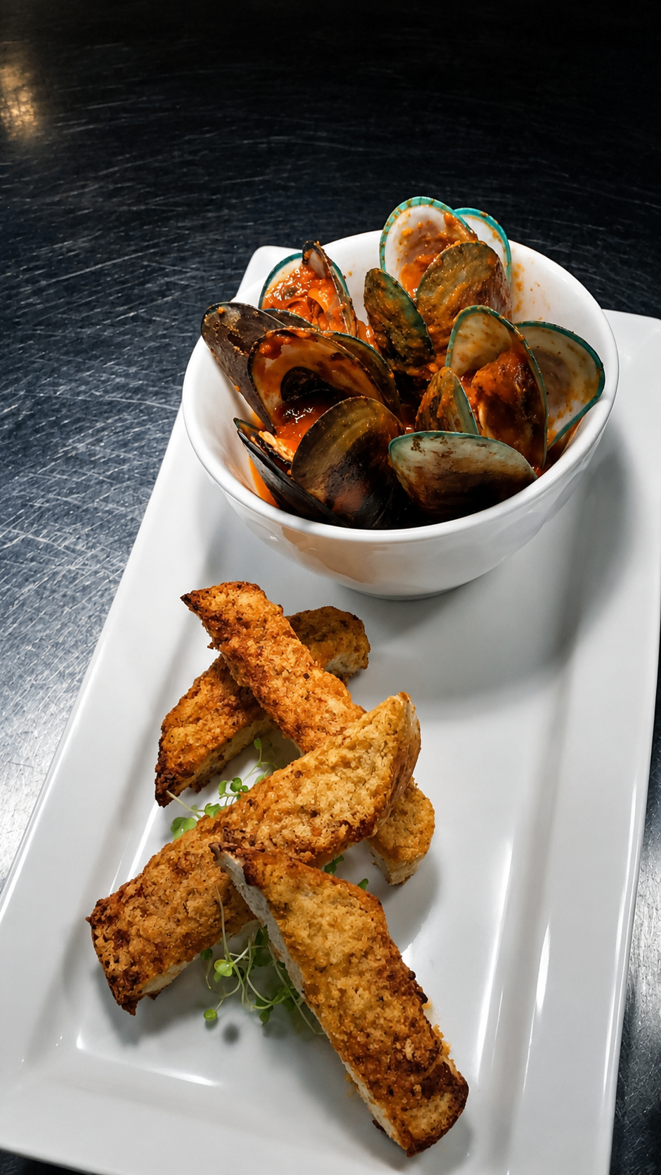 Green lip mussels · garlic bread